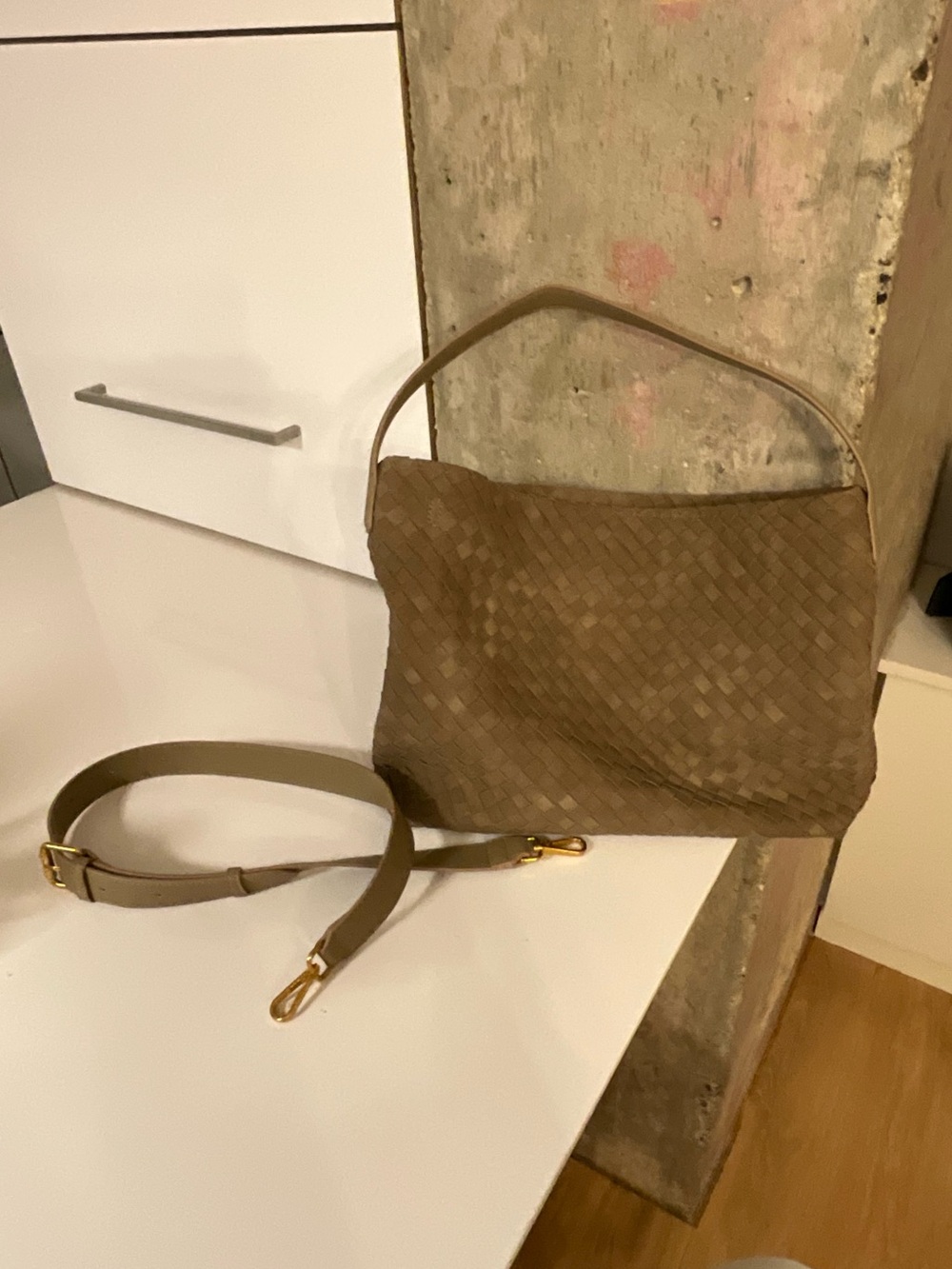 Woven Leather Shoulder Bag in Olive Brown
